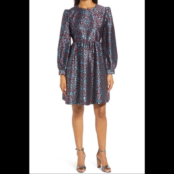 HALOGEN X ATLANTIC-PACIFIC Leopard Print Brocade Teal Maroon Dress Sz Small NEW - Picture 1 of 11